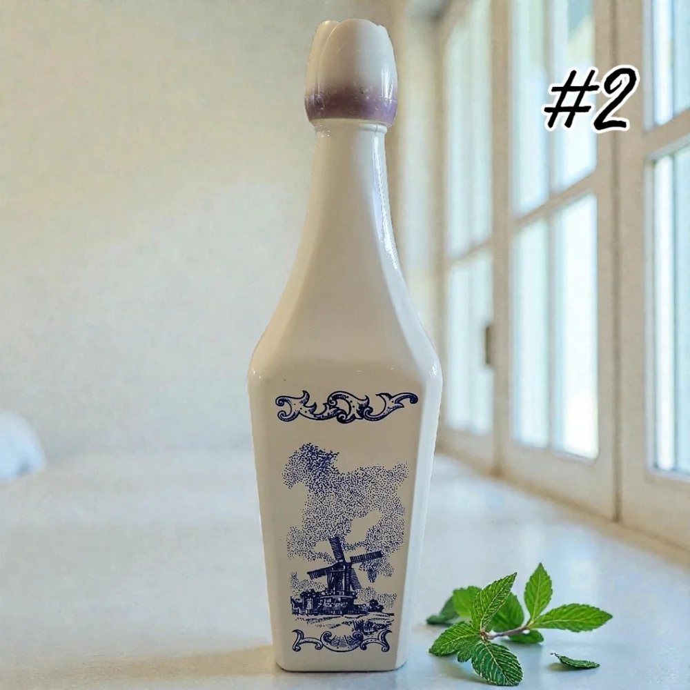 Vtg 60's Vandermint Milk Glass Liquor Bottle Delft Blue Windmills 11